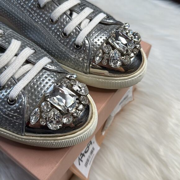 Miu Miu Silver Perforated Leather Crystal Toe Cap Sneakers - Picture 2 of 12